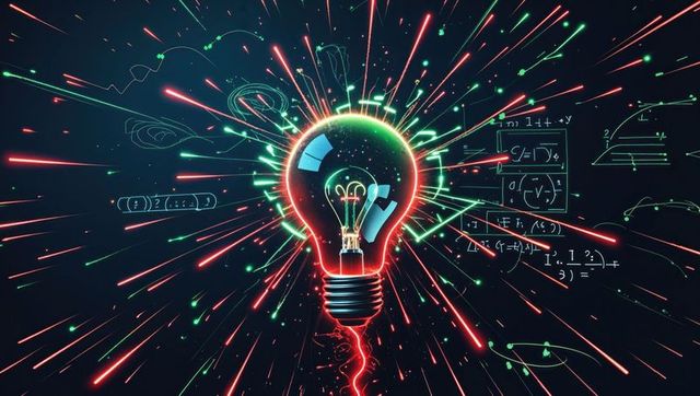 Futuristic light bulb with neon energy and mathematical concepts