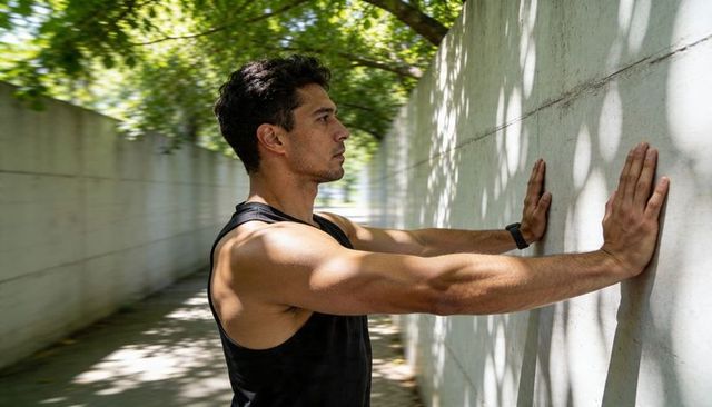 Athletic man pressing palms on concrete wall during training under dappled sunlight