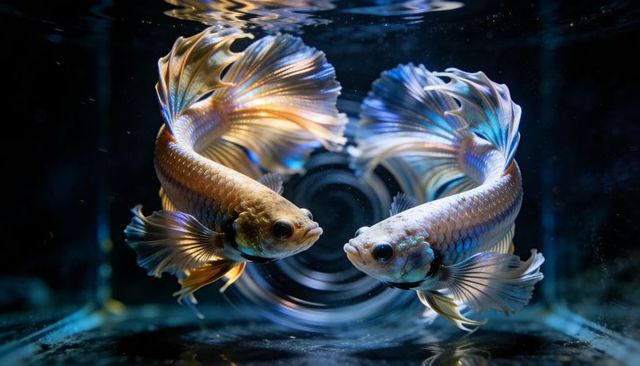 Iridescent betta pair showcasing flowing fins and circular reflection in dark aquarium