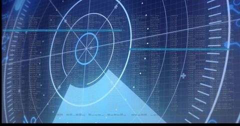 Holographic radar hud display with scanning beam, concentric rings and data grid overlay