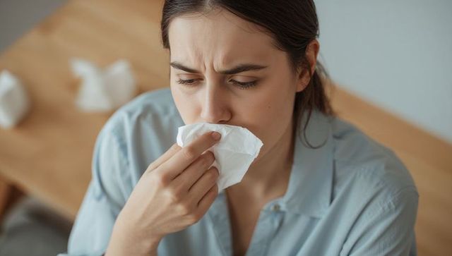 Concerned woman with tissue pressing nose in home environment