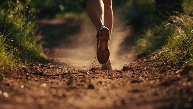 Runner's feet kicking up dust on forest trail