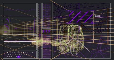 Displaying neon wireframe truck gearbox CAD interface with urban map overlay and grid