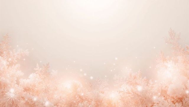 Blush frosted branches and snowflakes framing soft gradient background with sparkling bokeh