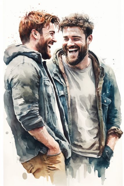 Watercolour portrait of two smiling men, created using generative ai technology. Painting and portraiture concept digitally generated image.