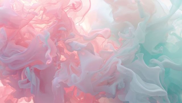 Swirling pastel ink cloud floating in water, ethereal translucent pink and mint gradient