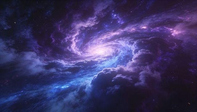 Lavender spiral nebula emitting radiant core light with swirling cosmic clouds