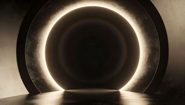 Futuristic circular portal emitting halo glow reflecting on polished floor minimalist tunnel