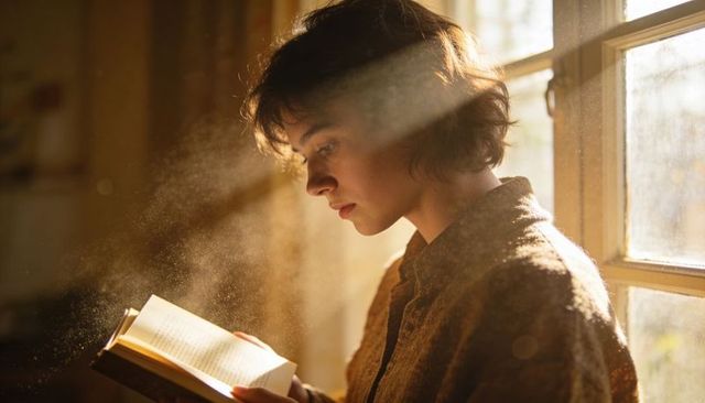 Young woman reading holding open book by sunlit window with dust motes and warm golden light