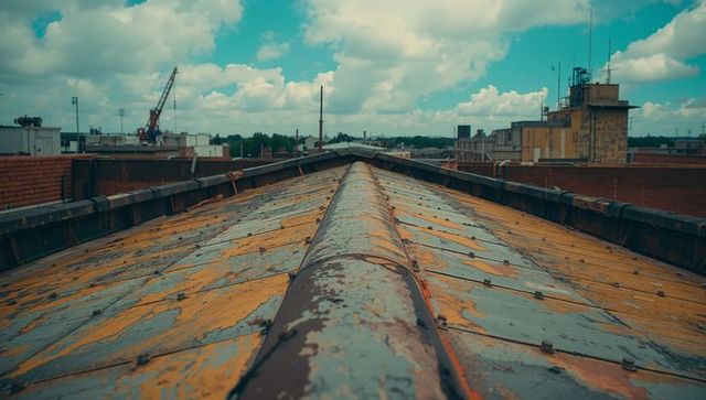 Weathered Metal rooftop with Urban Cityscape