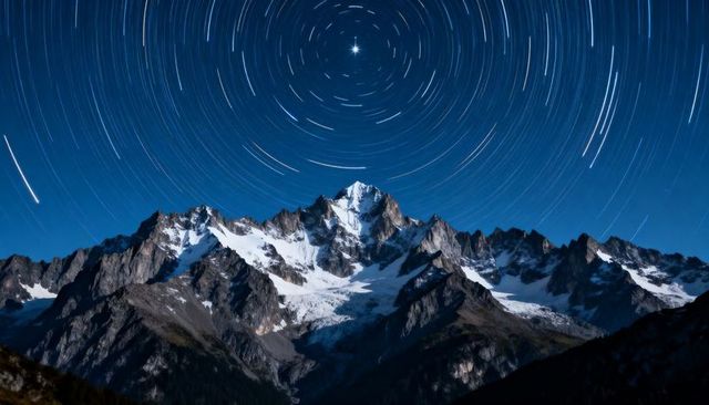 Central Alpine Peak Under Circular Star Trails, Snow-Capped Glaciers and Night Sky