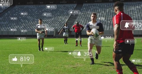 Rugby Match with Engagement Icons and Active Players