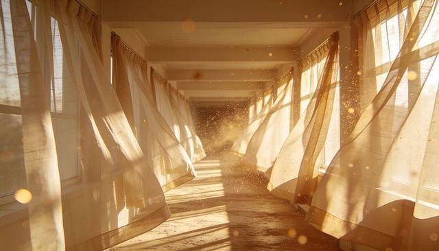 Flowing sheer curtains in sunlit corridor casting warm golden light and floating dust motes