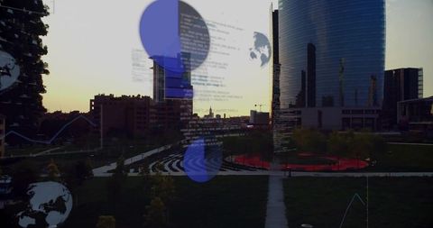 Urban park at dusk with terraced amphitheater, skyline towers and blue digital overlays