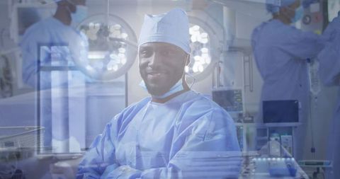 Confident surgeon smiling in operating room environment