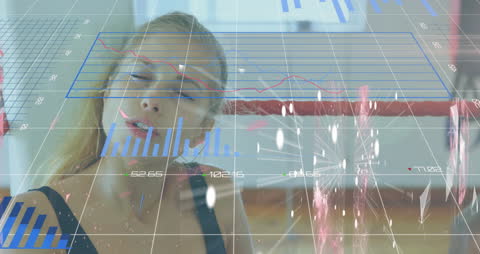 Tired Woman with Virtual Financial Data Overlay