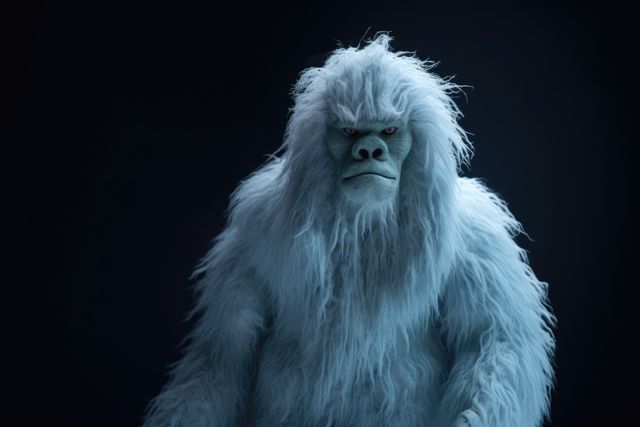 Snow yeti over dark blue background, created using generative ai technology. Yeti, winter scenery and beauty in nature concept digitally generated image.