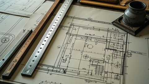 Architectural blueprint and rulers on design studio table