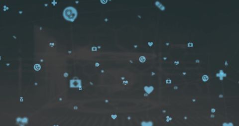 Visual compilation featuring a network of medical icons over a digital interface, perfect for illustrating concepts of medical research and advanced healthcare technology. Suitable for use in presentations on digital health innovation, electronic record systems, or futuristic technology endeavors.