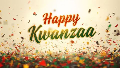 Happy kwanzaa greeting with gold glow and red green confetti celebration