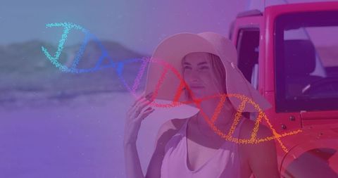 Woman in Straw Hat Standing by Red Vehicle with DNA Helix Overlay