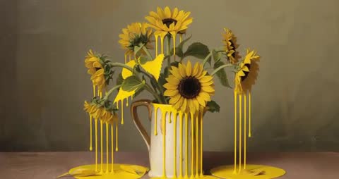 Surreal Sunflowers Dripping with Paint in Abstract Floral Concept