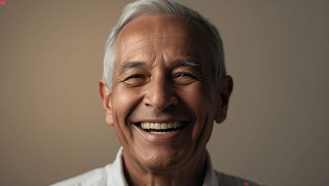Smiling senior indian man with warm lighting and soft beige background, joyful headshot