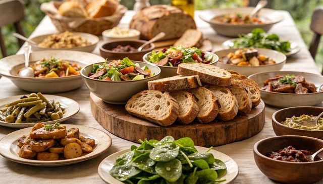 Rustic brunch spread featuring sliced artisan bread, fresh salads and savory dips on table