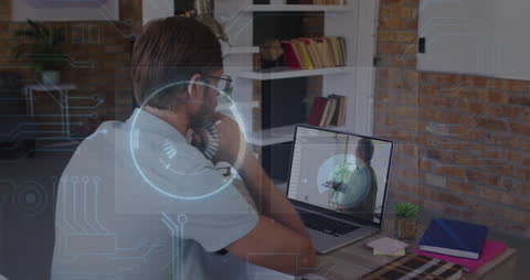 Teacher Using Laptop for Video Call with Digital Graphics Overlay