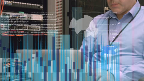 Data Analysis Professional in Server Room with Data Visualization