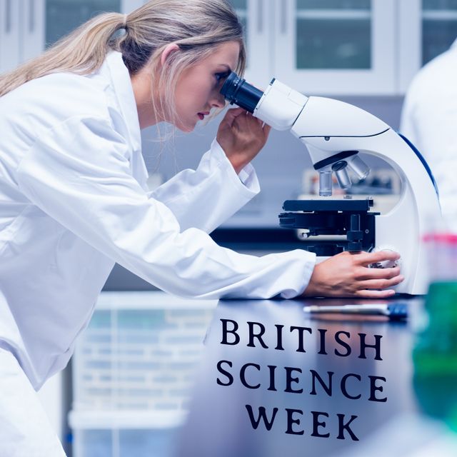 Female Scientist Using Microscope in Laboratory During British Science Week - Download Free Stock Templates Pikwizard.com