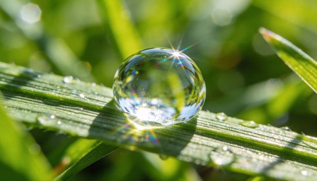 Macro dew droplet acting as natural prism on sunlit grass blade with sparkling bokeh