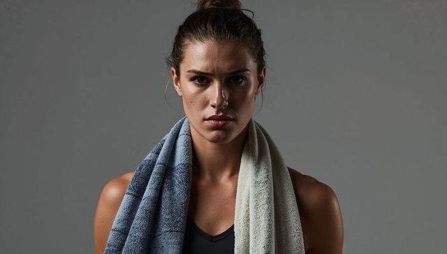 Intense female athlete portrait holding towels, focused fitness determination and strength