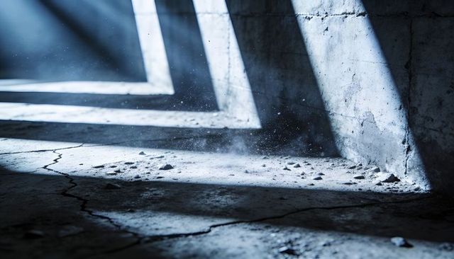 Sunlit cracked concrete floor with angled light beams and dust in abandoned warehouse
