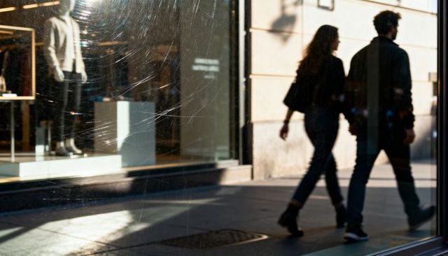 Silhouetted pair walking past scratched storefront glass with mannequin display