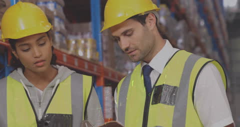Warehouse Workers Analyzing Financial Data with Digital Technology