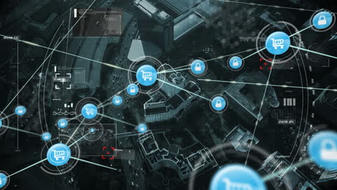 Digital Network Illustration with Purchase and Security Links Over Cityscape