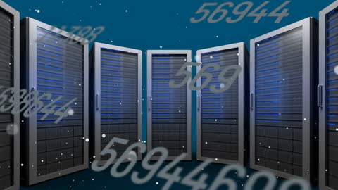 Data Processing Animation with Overlaid Server Racks