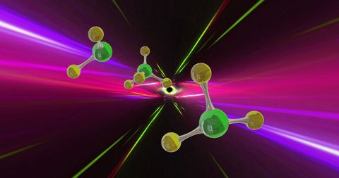 Molecules with neon light trails on futuristic background