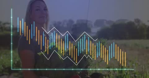 An engaging depiction of a woman holding freshly harvested vegetables with a dynamic data graph overlay. Ideal for illustrating concepts related to sustainable agriculture, the integration of technology in farming, and data analytics in environmental progress. Useful for presentations, articles, or promotional materials highlighting innovation in agriculture or environmental data tracking.