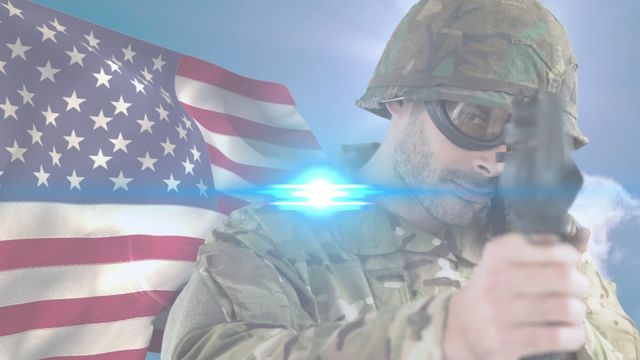 This video shows a Caucasian military man in a camouflage uniform, with goggles, aiming a firearm. The US flag in the background and light trails convey a sense of American patriotism and honor. Ideal for use in themes of military service, national pride, patriotic celebrations, advertisements, and educational materials on the US military.