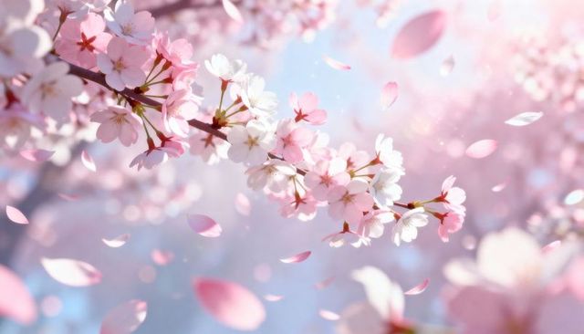 Soft pink cherry blossom branch with drifting petals and dreamy pastel bokeh