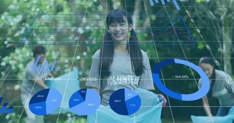 Volunteers collecting trash with overlapping data graphics