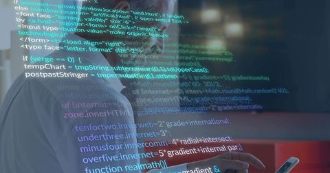 Mature professional checking smartphone with code overlay, programmer using mobile device