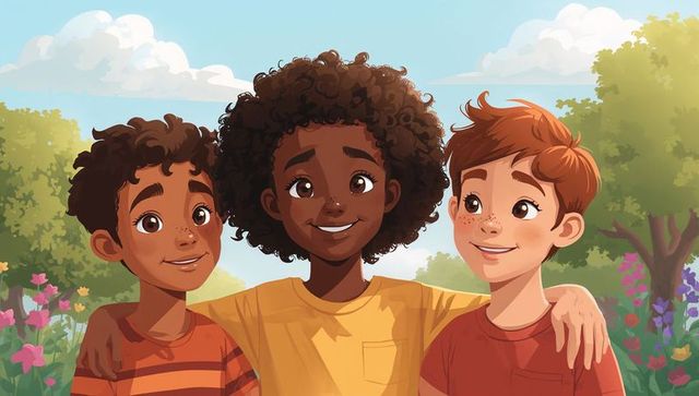 Smiling diverse children embracing in sunny garden, friends enjoying outdoor play and unity