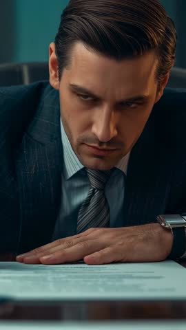 Executive Reading Contract Narrowing Eyes While Assessing Clause Vertical Business Video
