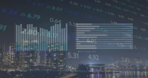 Digital Data Processing Animation Over City Skyline