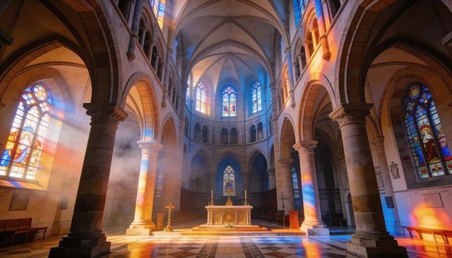 Sunlit gothic cathedral interior casting stained-glass light across glowing stone altar