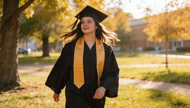 Young woman walking in graduation gown and mortarboard with gold stole on autumn campus