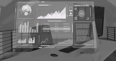 Digital analytics interfaces on office workstation background